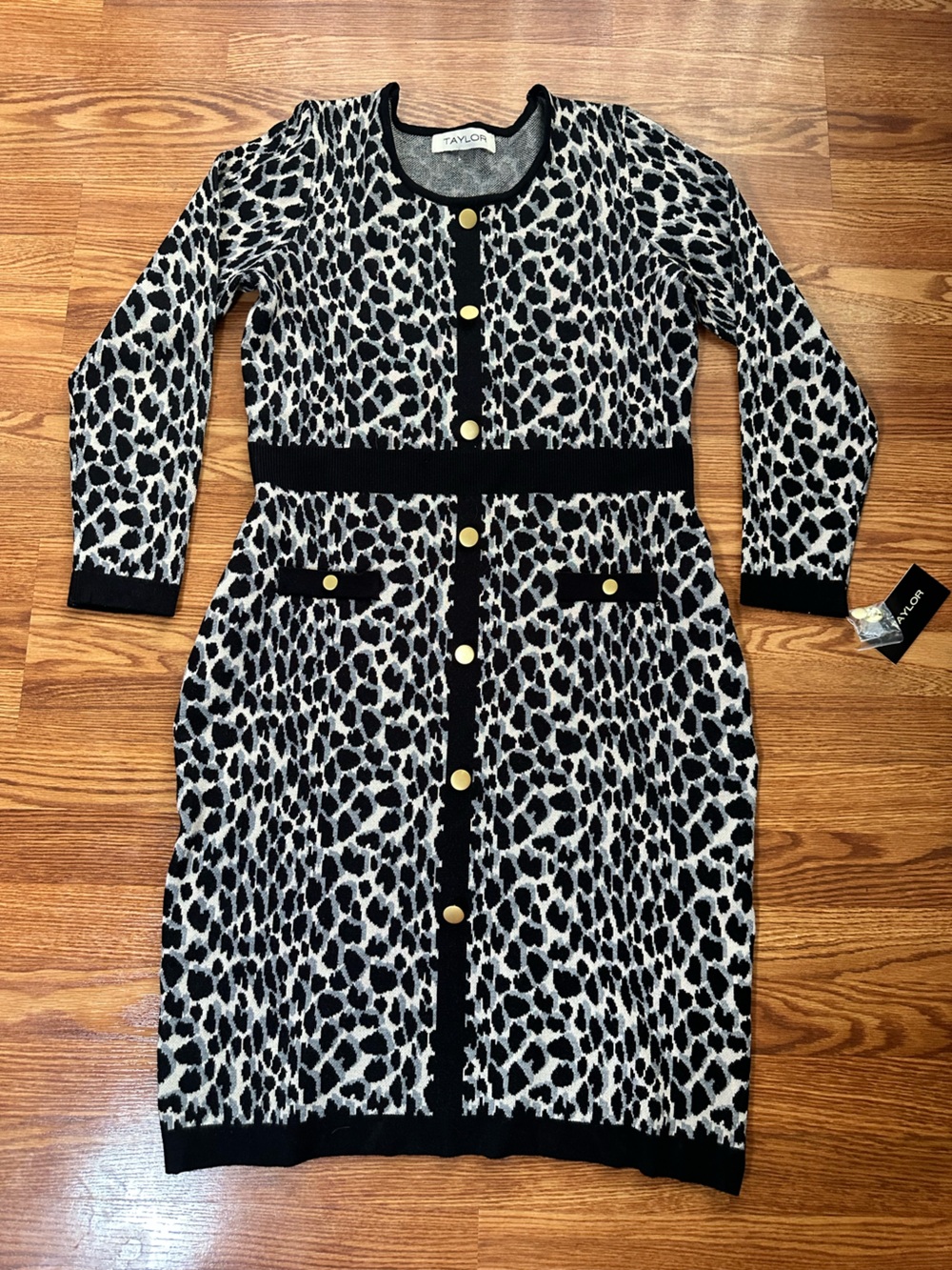Taylor XL Black and White Leopard-Print Midi Dress with Gold Buttons